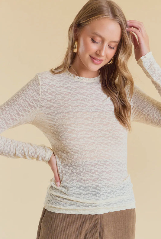 Cream See Through Textured Stretch Top